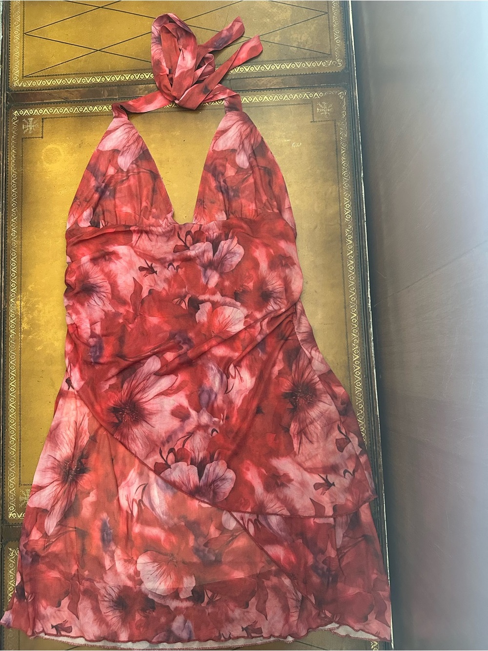 Red floral halter dress overlay ruffle hem